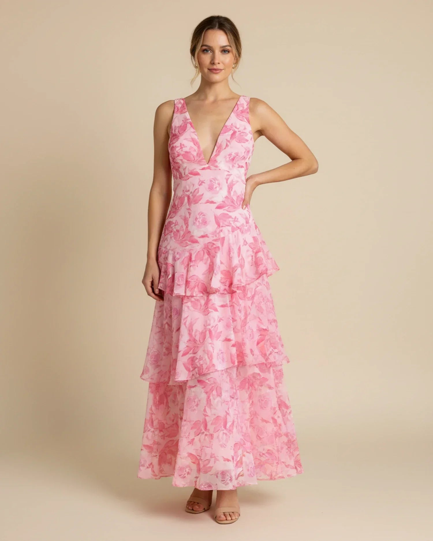 Vestido maxi para mujer sin mangas a capas con estampado floral