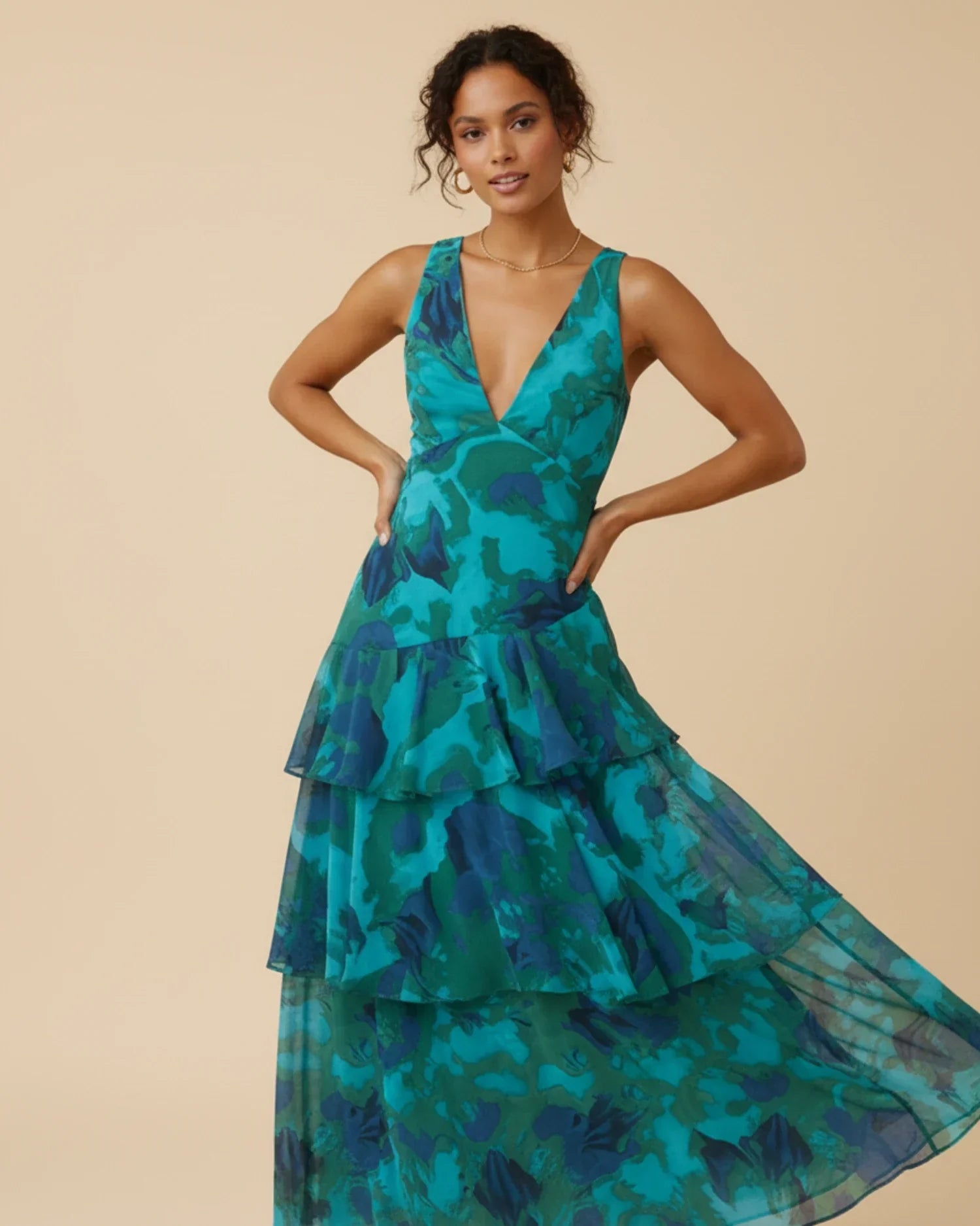 Vestido maxi para mujer sin mangas a capas con estampado floral