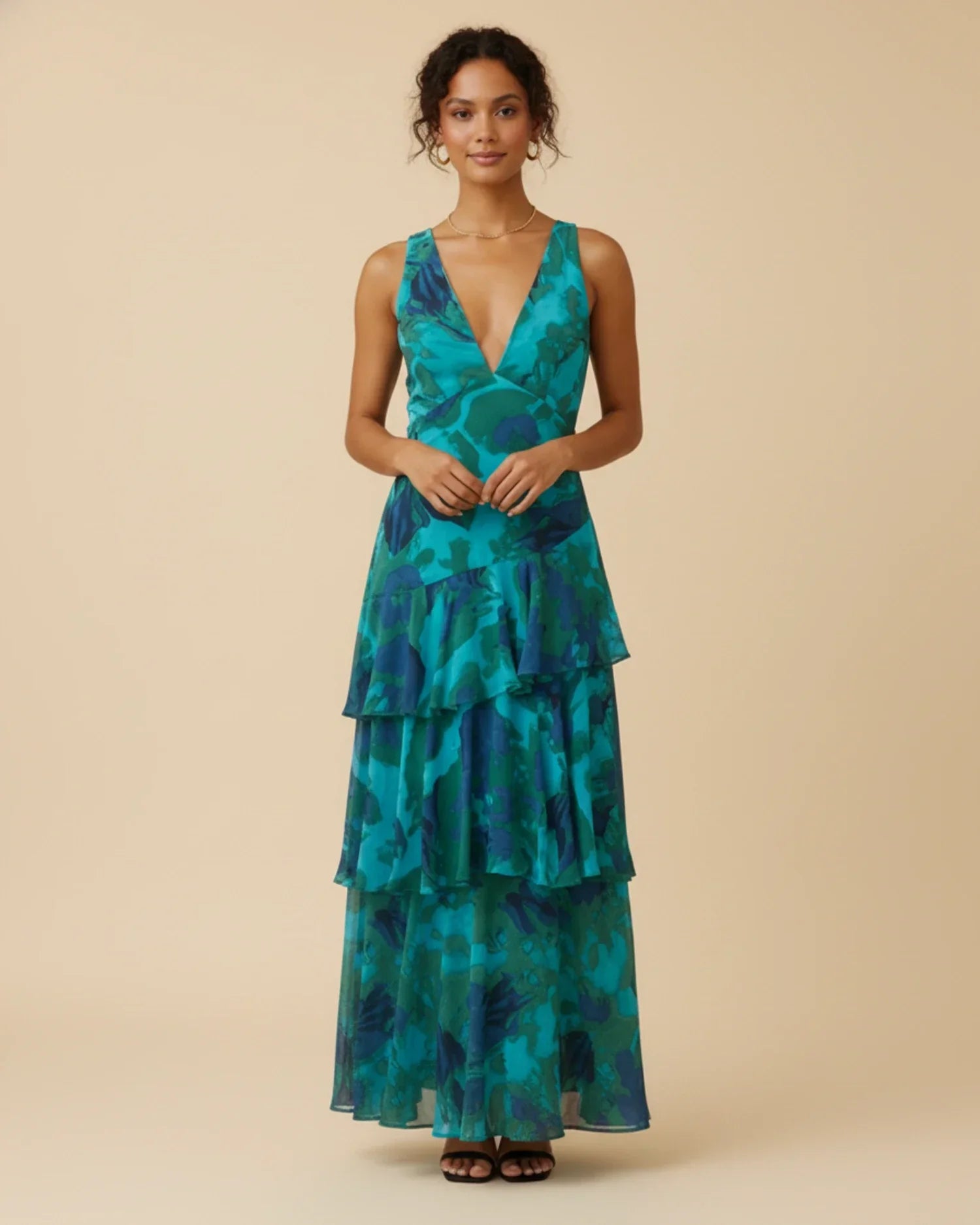 Vestido maxi para mujer sin mangas a capas con estampado floral