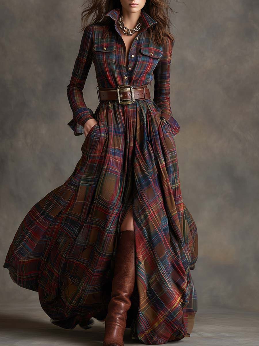 Vestido maxilargo a cuadros para mujer con botones