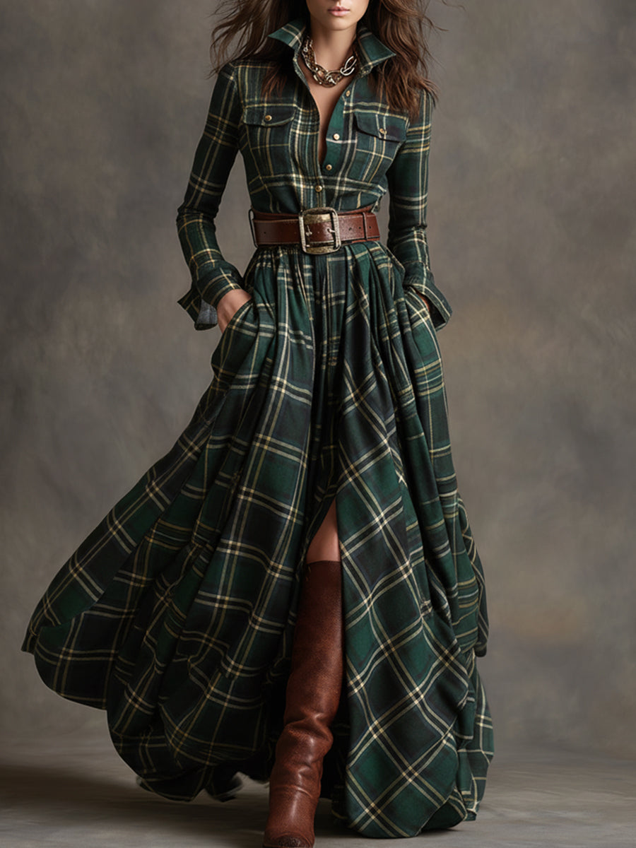 Vestido maxilargo a cuadros para mujer con botones