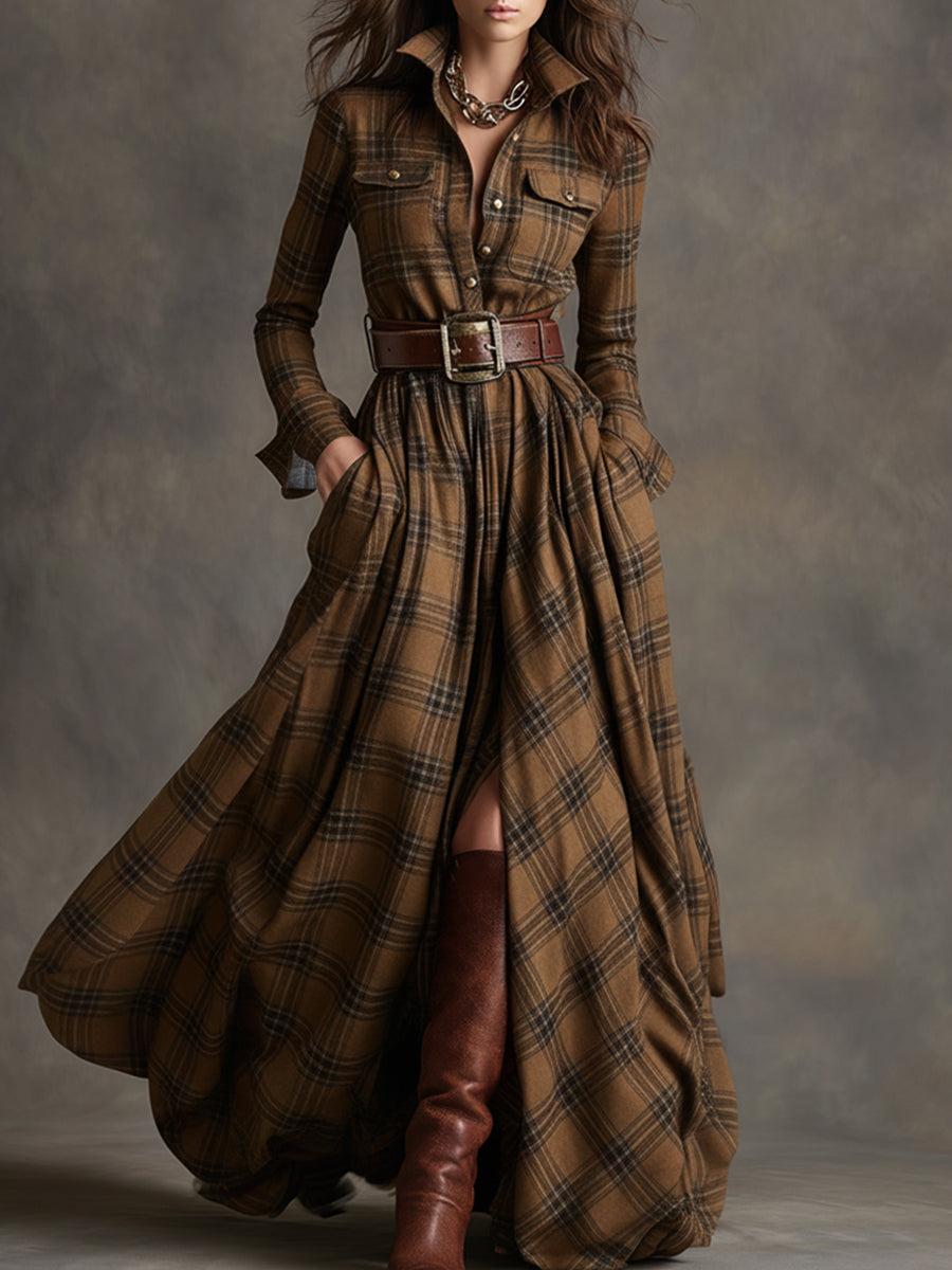 Vestido maxilargo a cuadros para mujer con botones