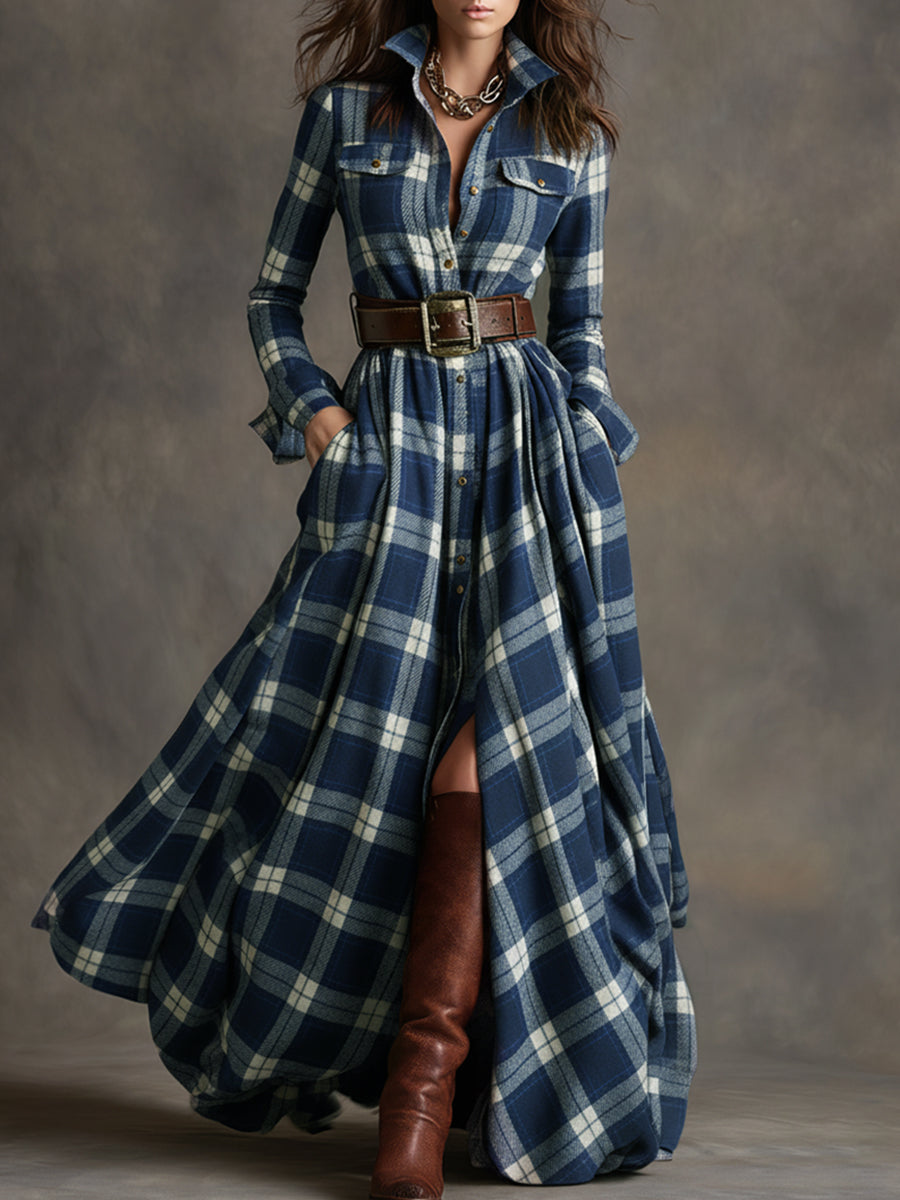 Vestido maxilargo a cuadros para mujer con botones