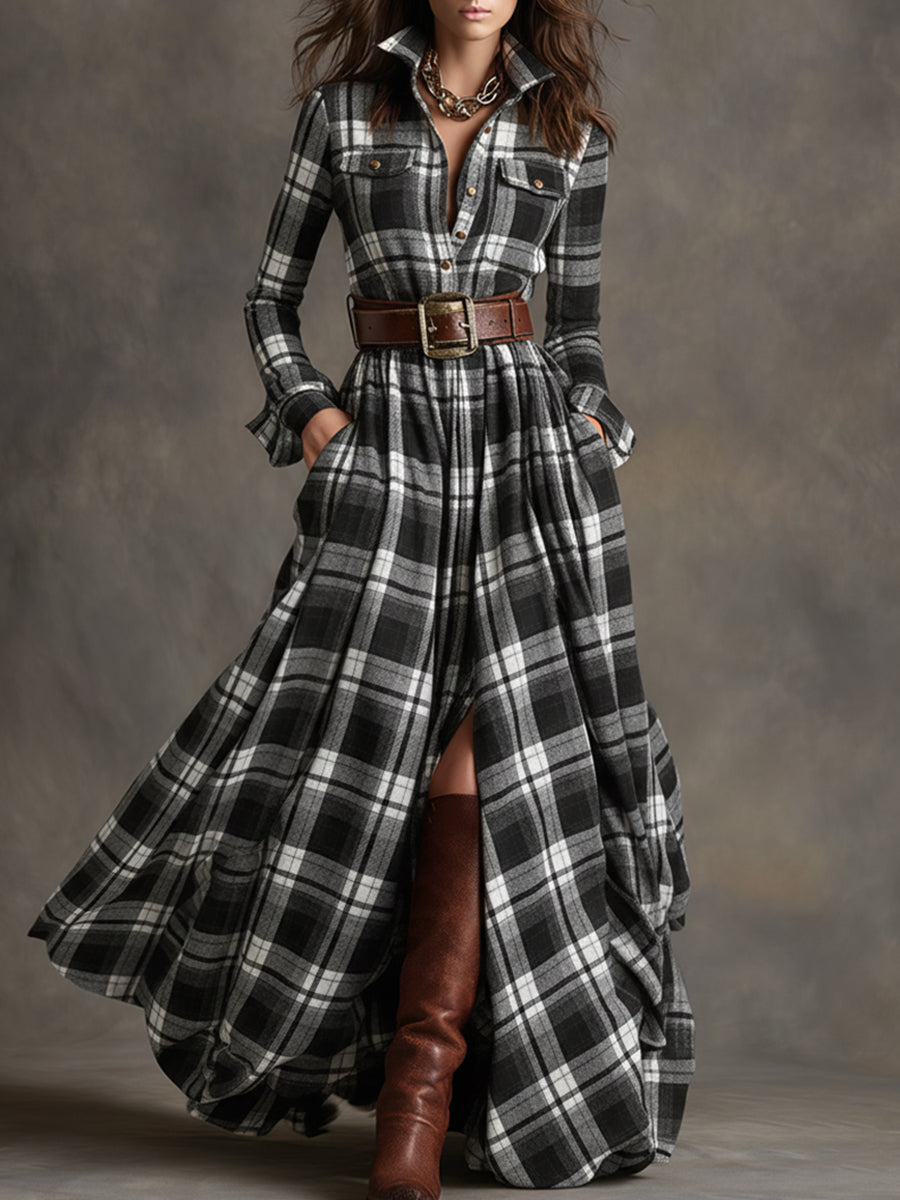 Vestido maxilargo a cuadros para mujer con botones