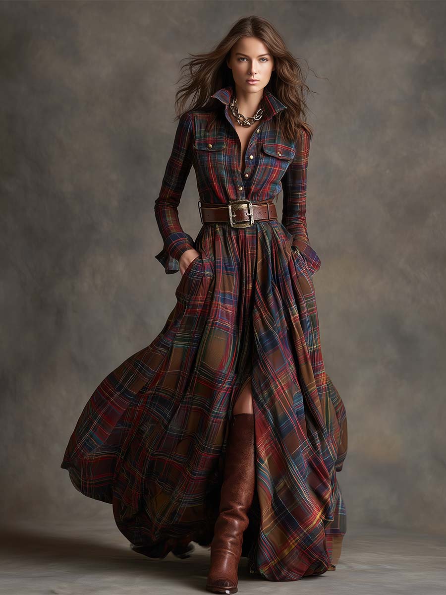Vestido maxilargo a cuadros para mujer con botones