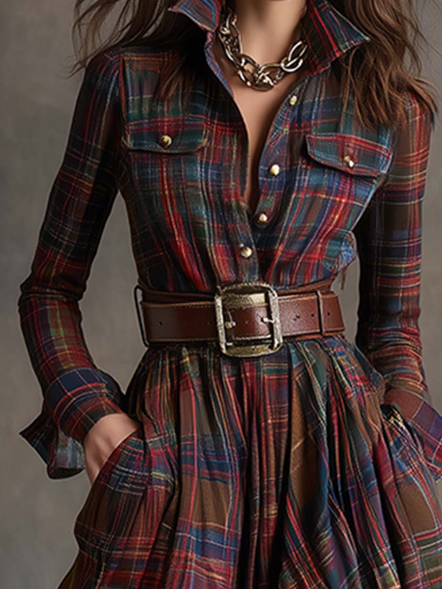 Vestido maxilargo a cuadros para mujer con botones