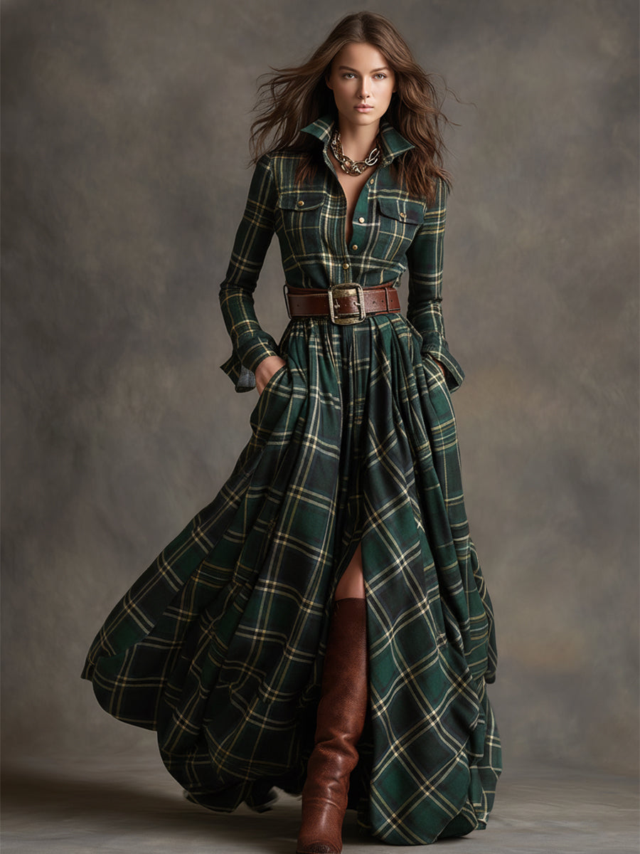 Vestido maxilargo a cuadros para mujer con botones