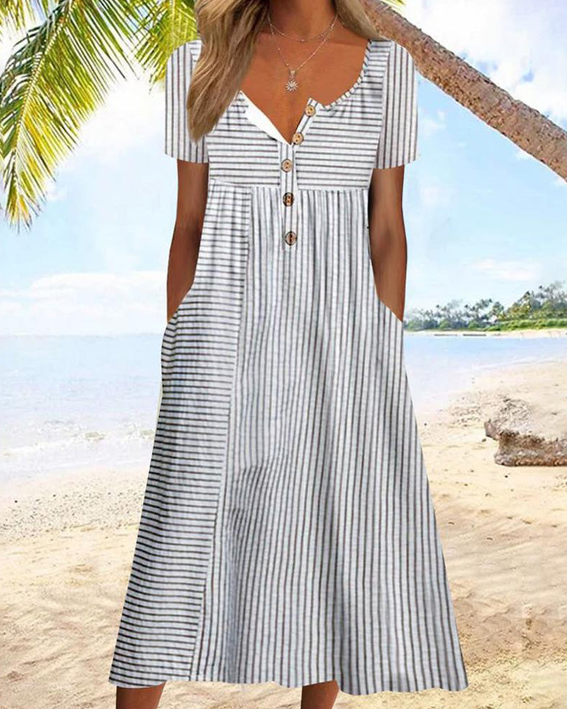 Vestido midi a rayas para mujer de corte en A con manga corta y cuello en V