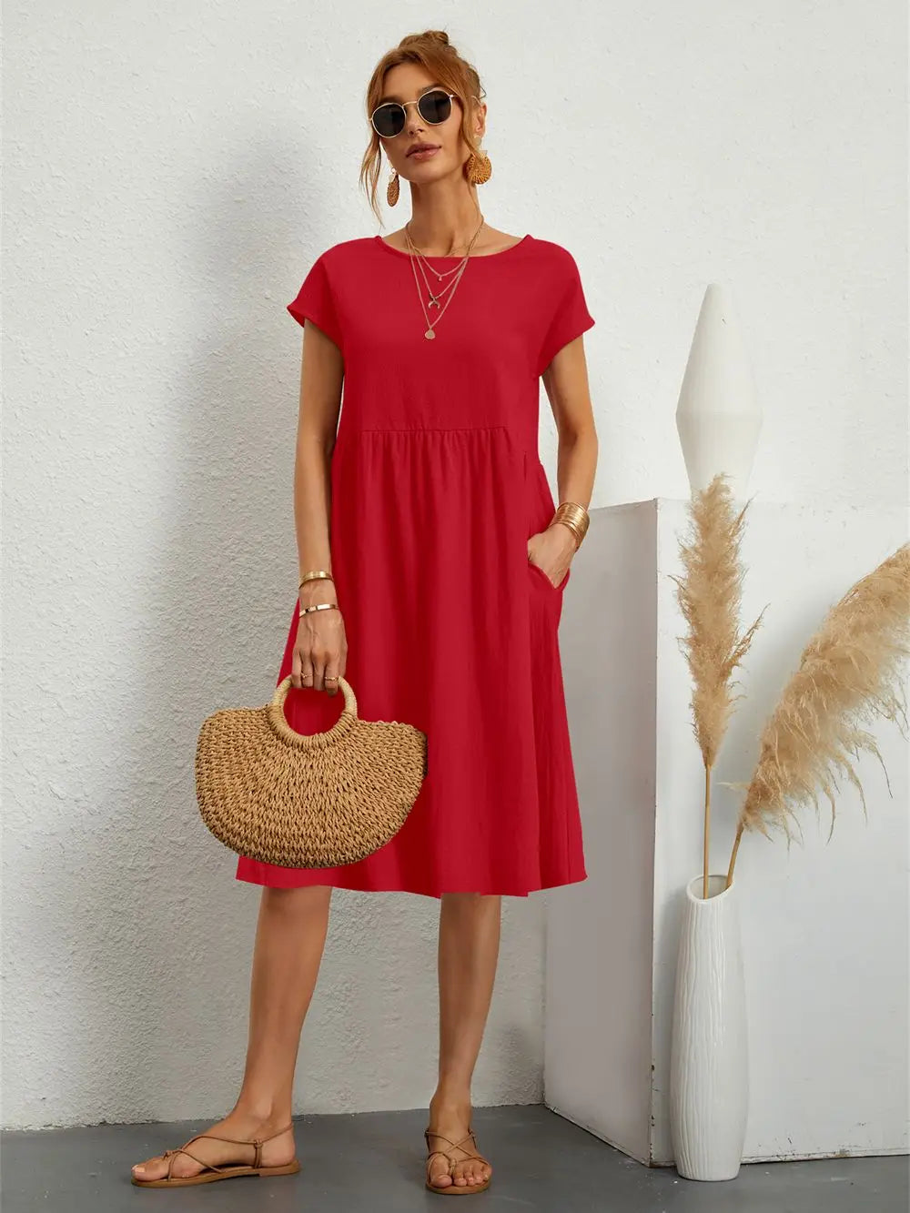 Vestido midi casual con corte en A para mujer