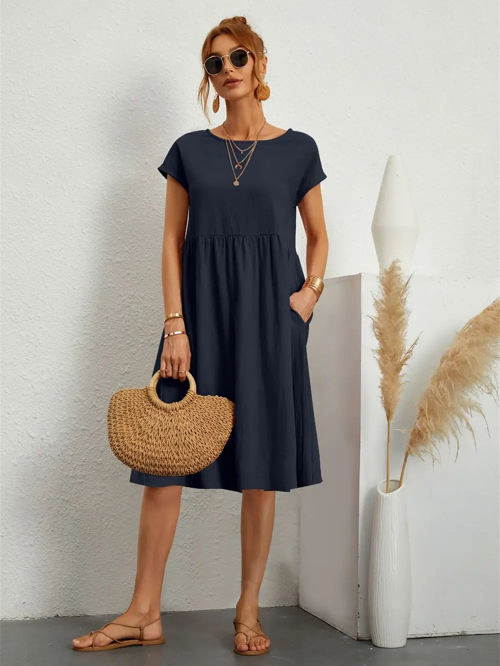 Vestido midi casual con corte en A para mujer