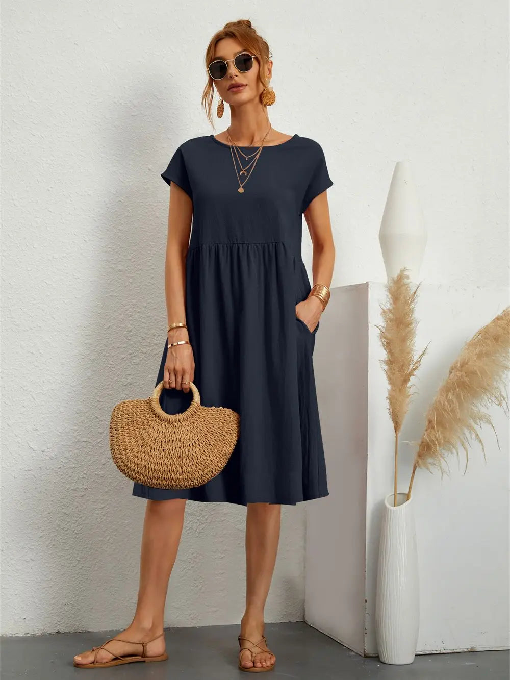 Vestido midi casual con corte en A para mujer