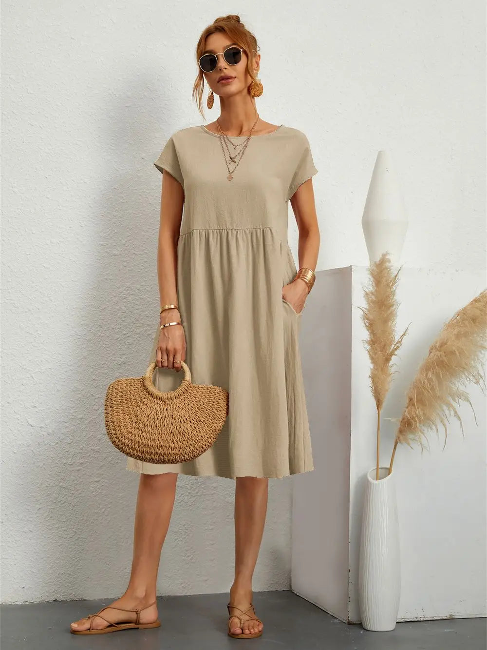 Vestido midi casual con corte en A para mujer