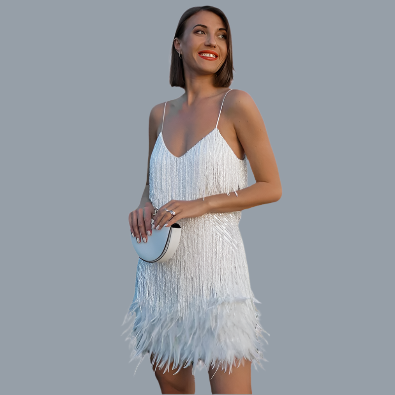 Vestido midi con lentejuelas y plumas de tela ligera