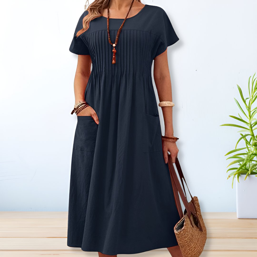 Vestido midi corte A con manga corta para mujer