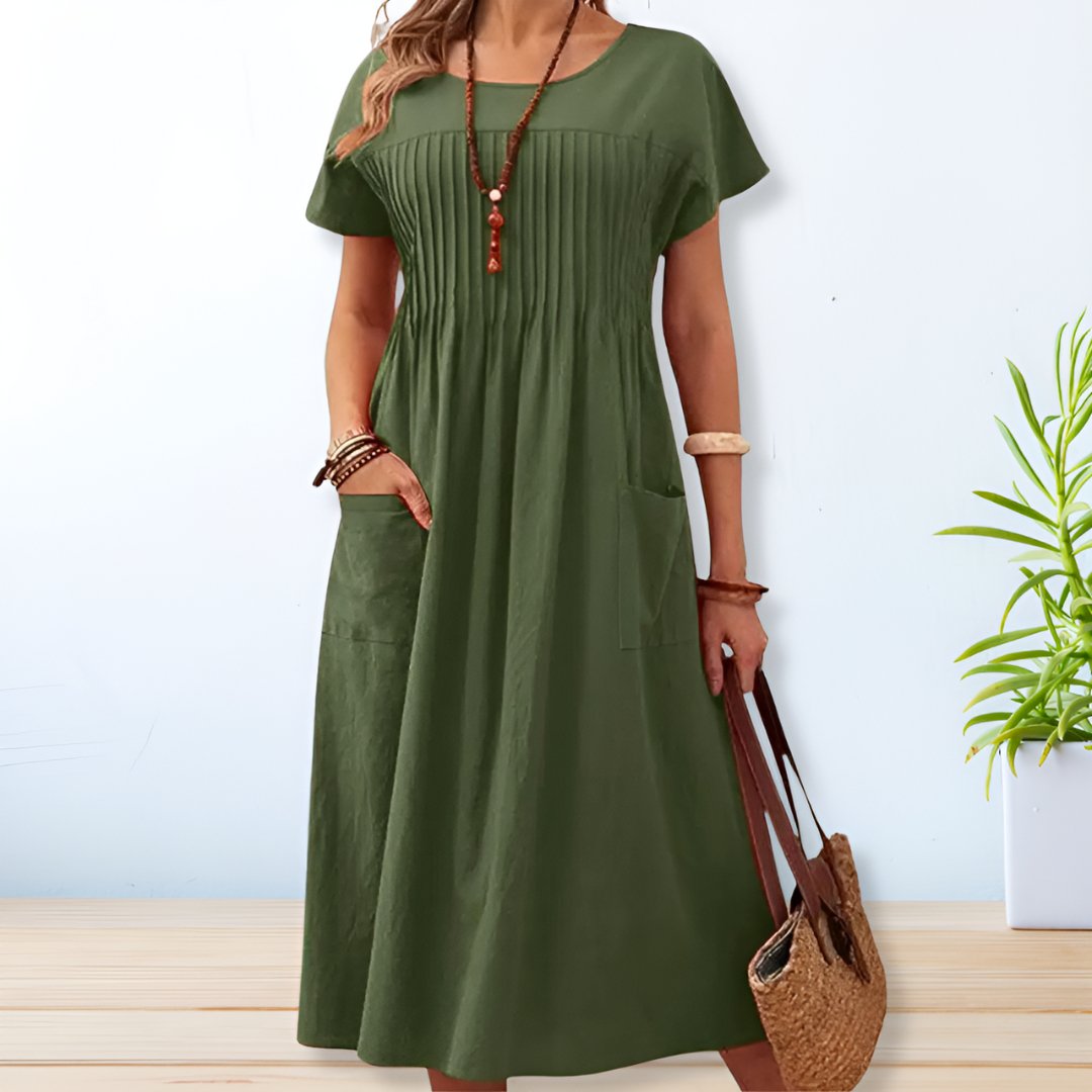 Vestido midi corte A con manga corta para mujer