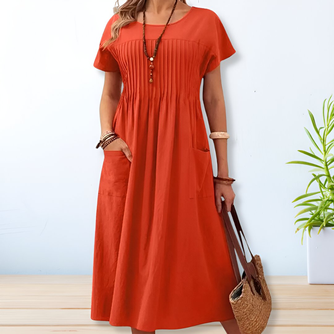 Vestido midi corte A con manga corta para mujer