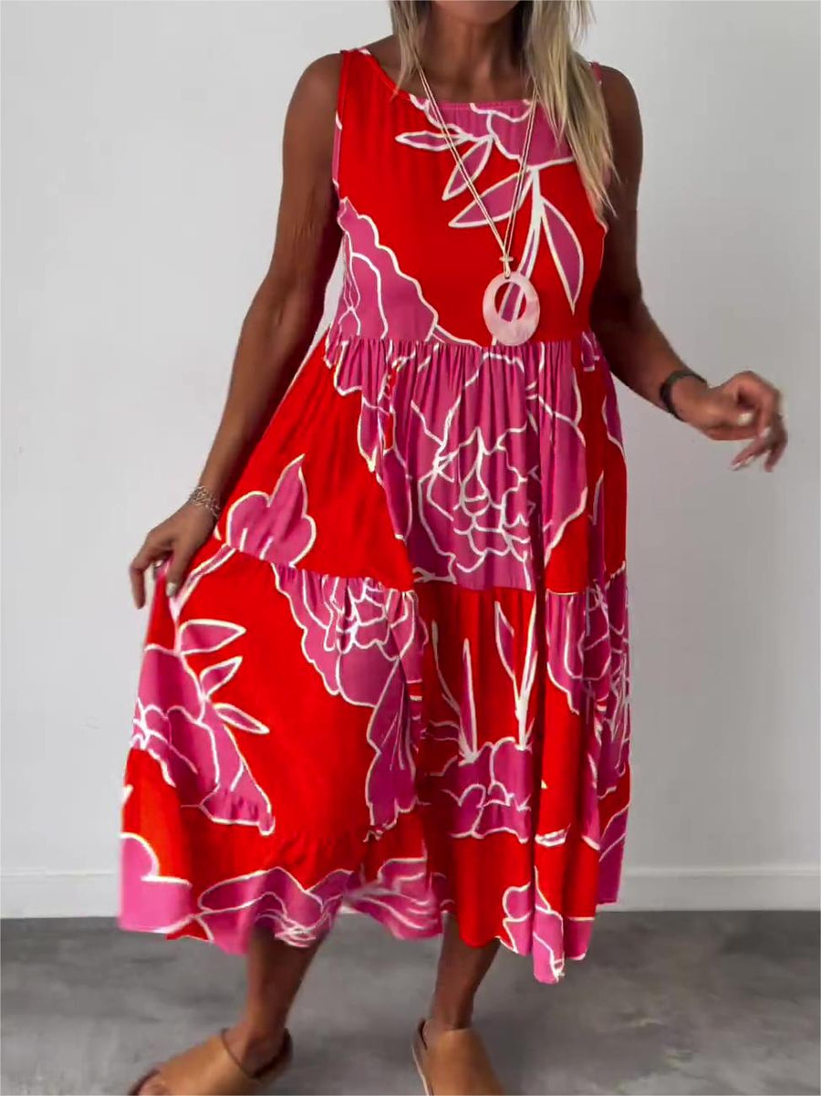 Vestido midi corte A sin mangas con estampado floral