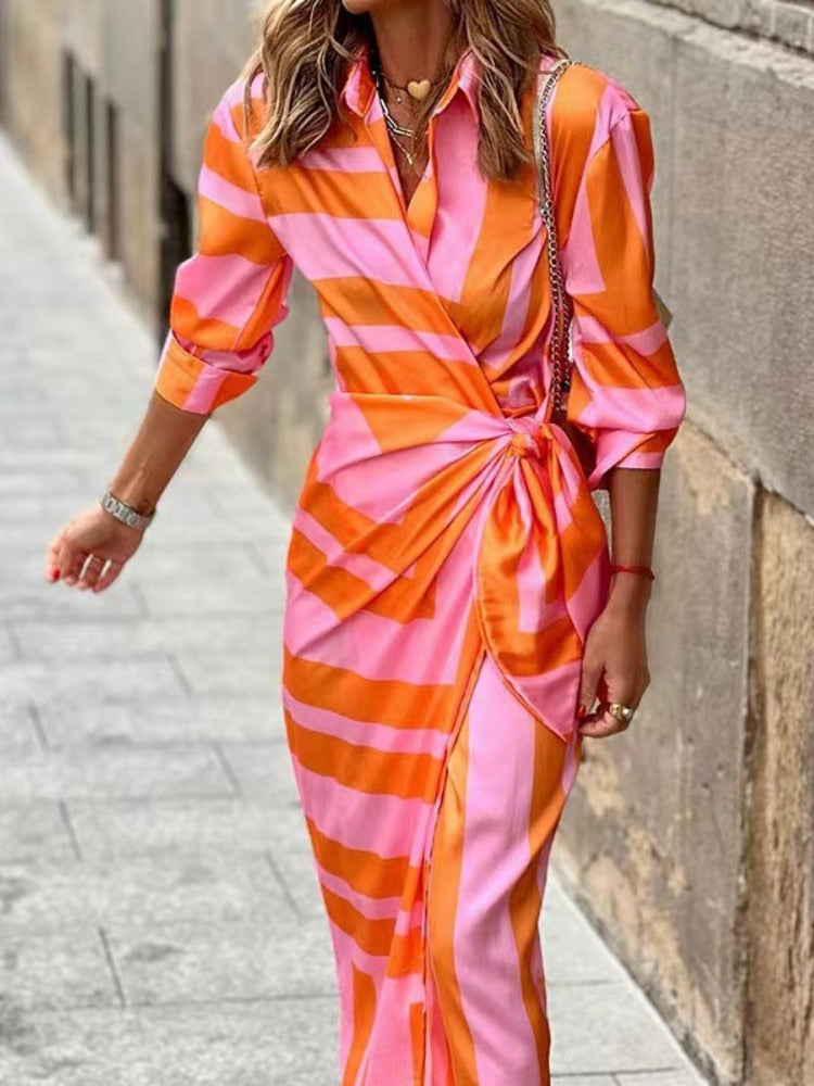 Vestido midi cruzado a rayas para mujer