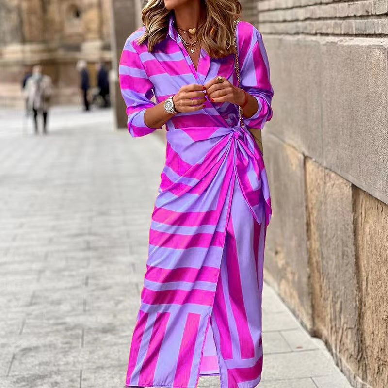 Vestido midi cruzado a rayas para mujer
