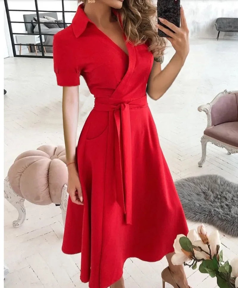 Vestido midi de corte en A con cinturón para mujer