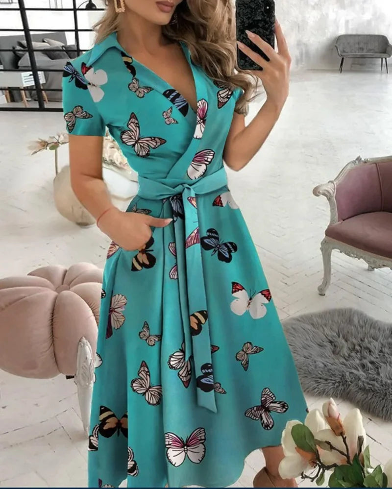Vestido midi de corte en A con cinturón para mujer