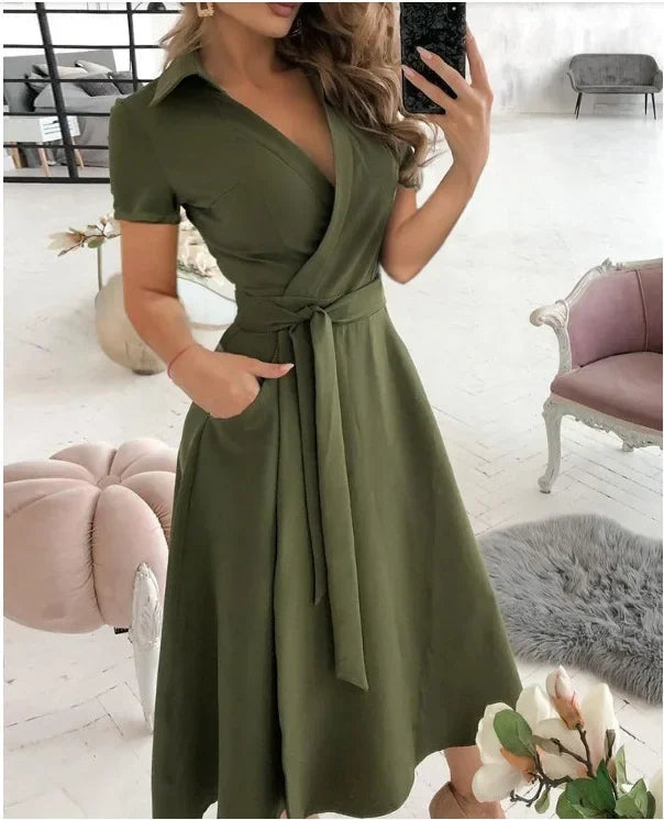 Vestido midi de corte en A con cinturón para mujer