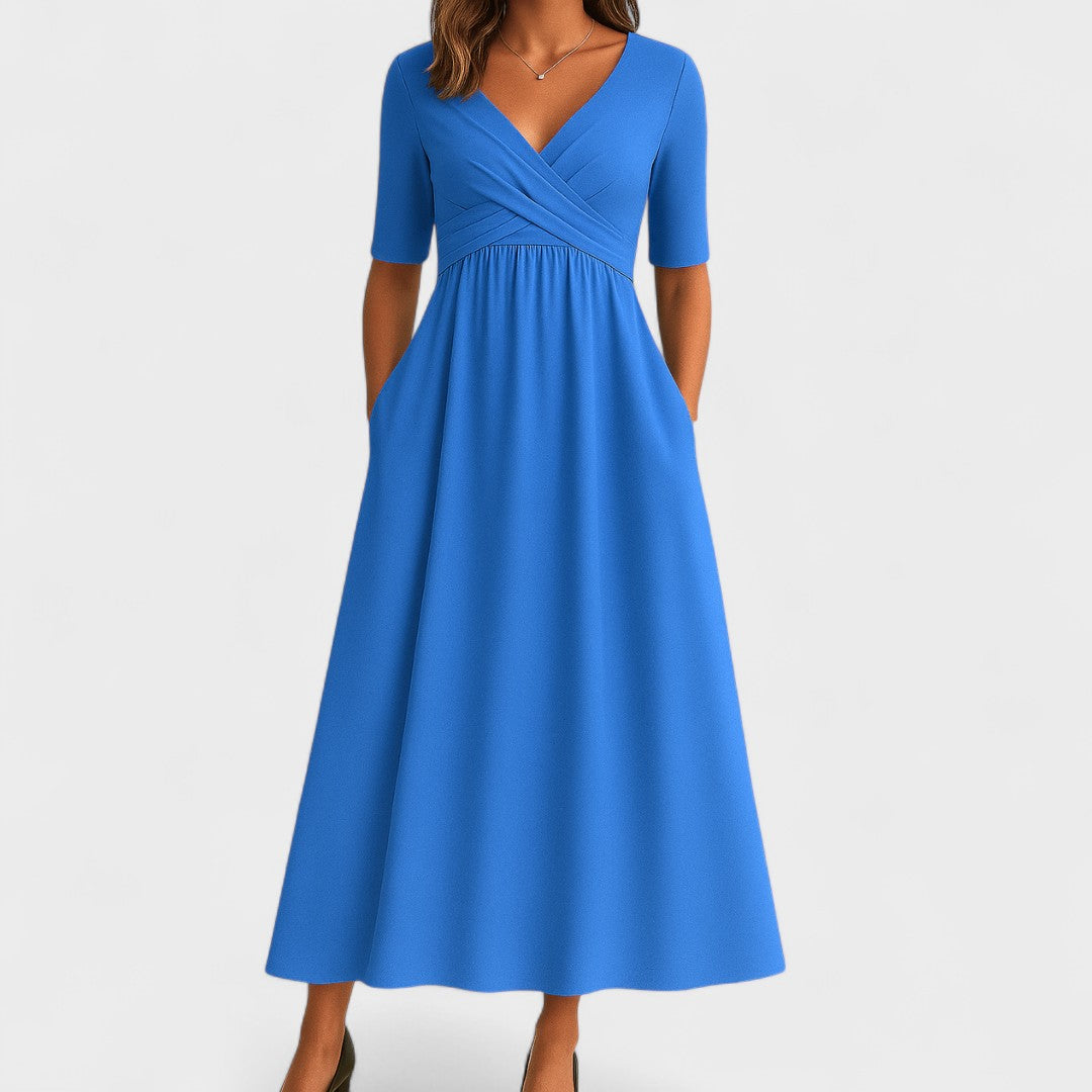 Vestido midi de corte en A con cuello en V para mujer