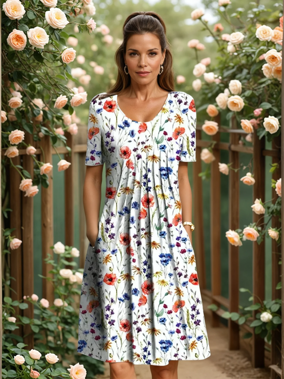 Vestido midi de corte en A con estampado floral y cuello en V para mujer