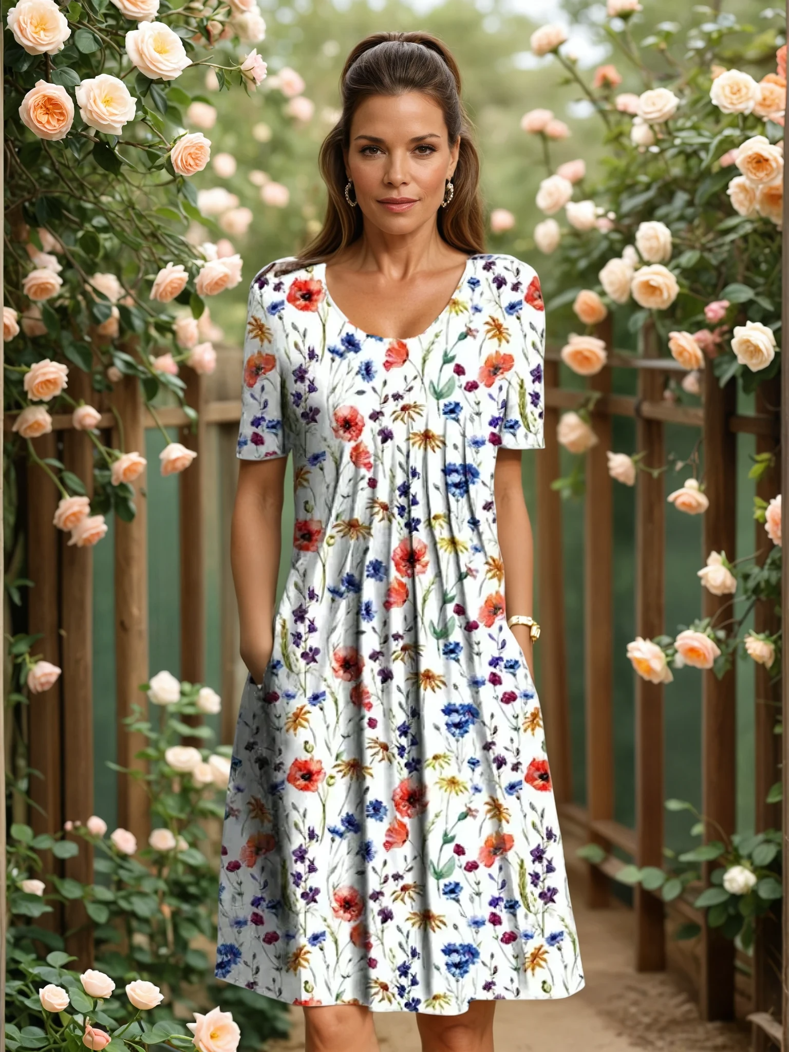 Vestido midi de corte en A con estampado floral y cuello en V para mujer
