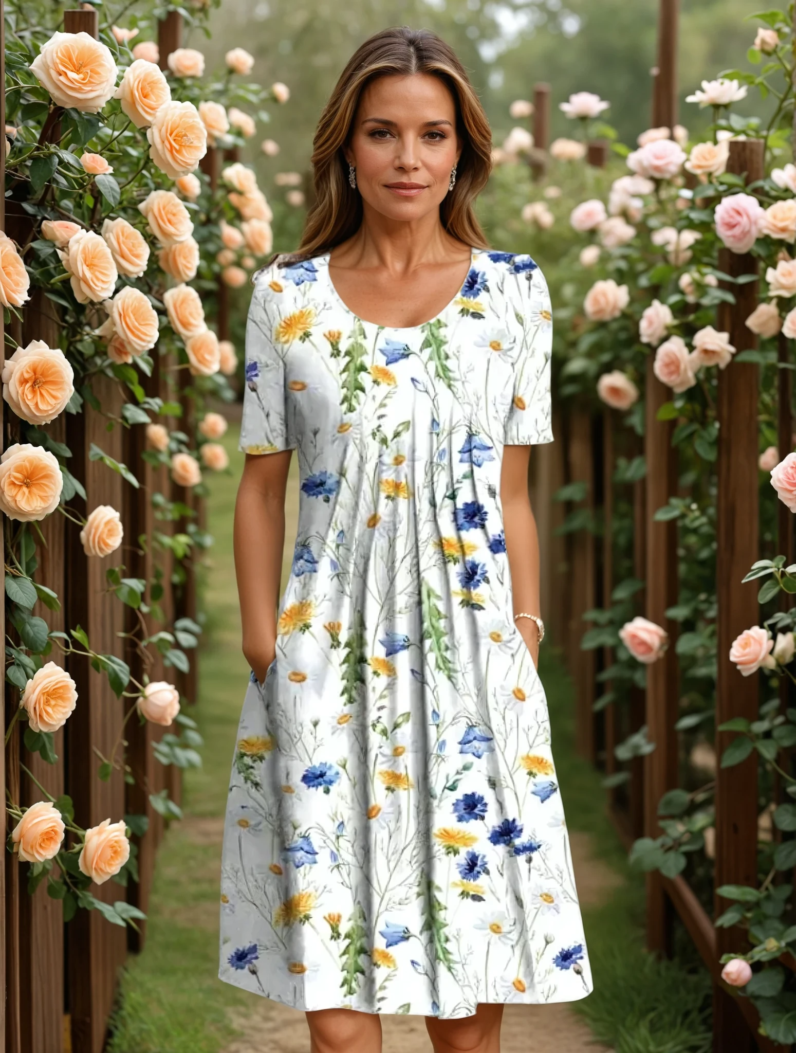 Vestido midi de corte en A con estampado floral y cuello en V para mujer