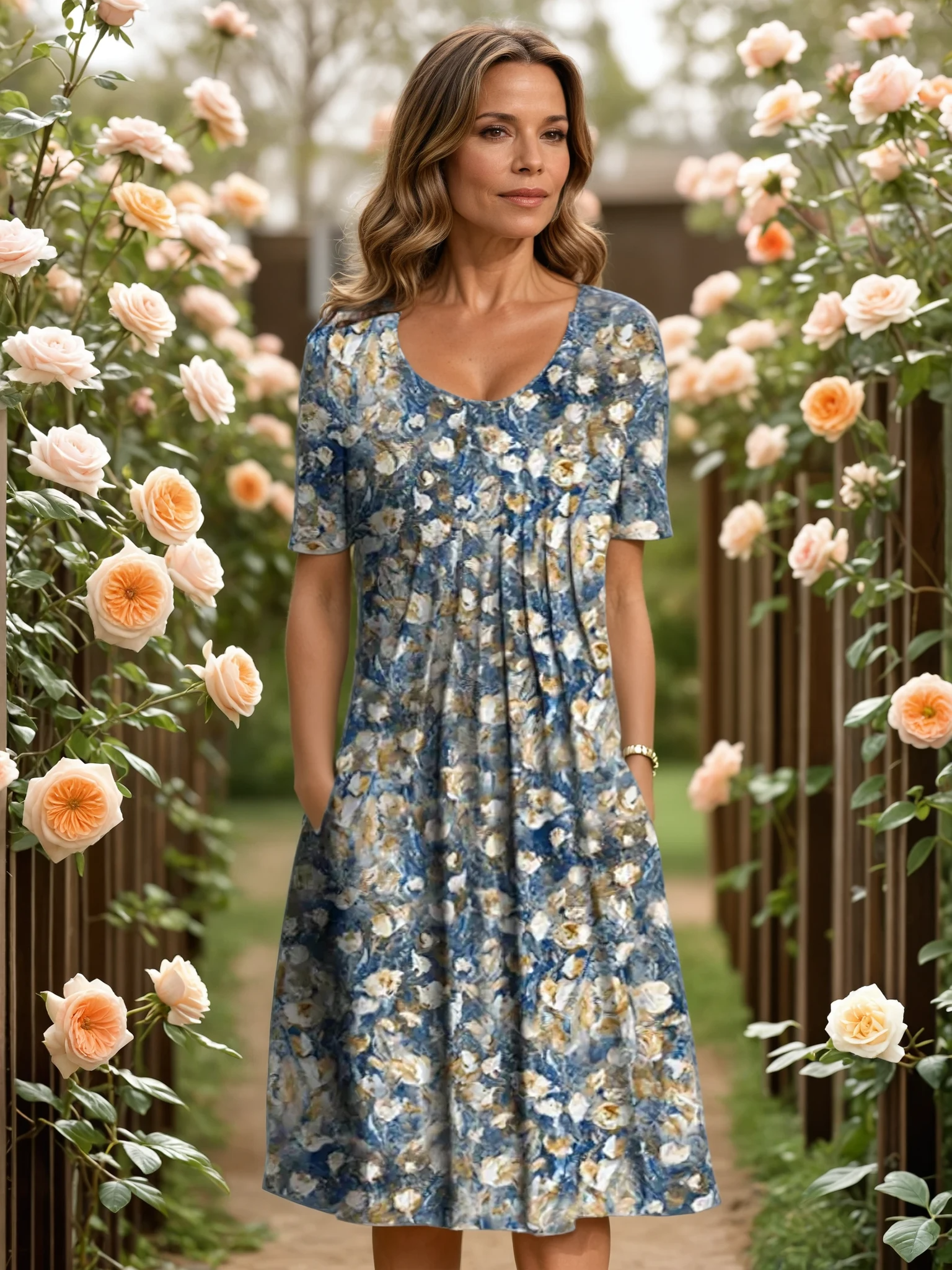 Vestido midi de corte en A con estampado floral y cuello en V para mujer