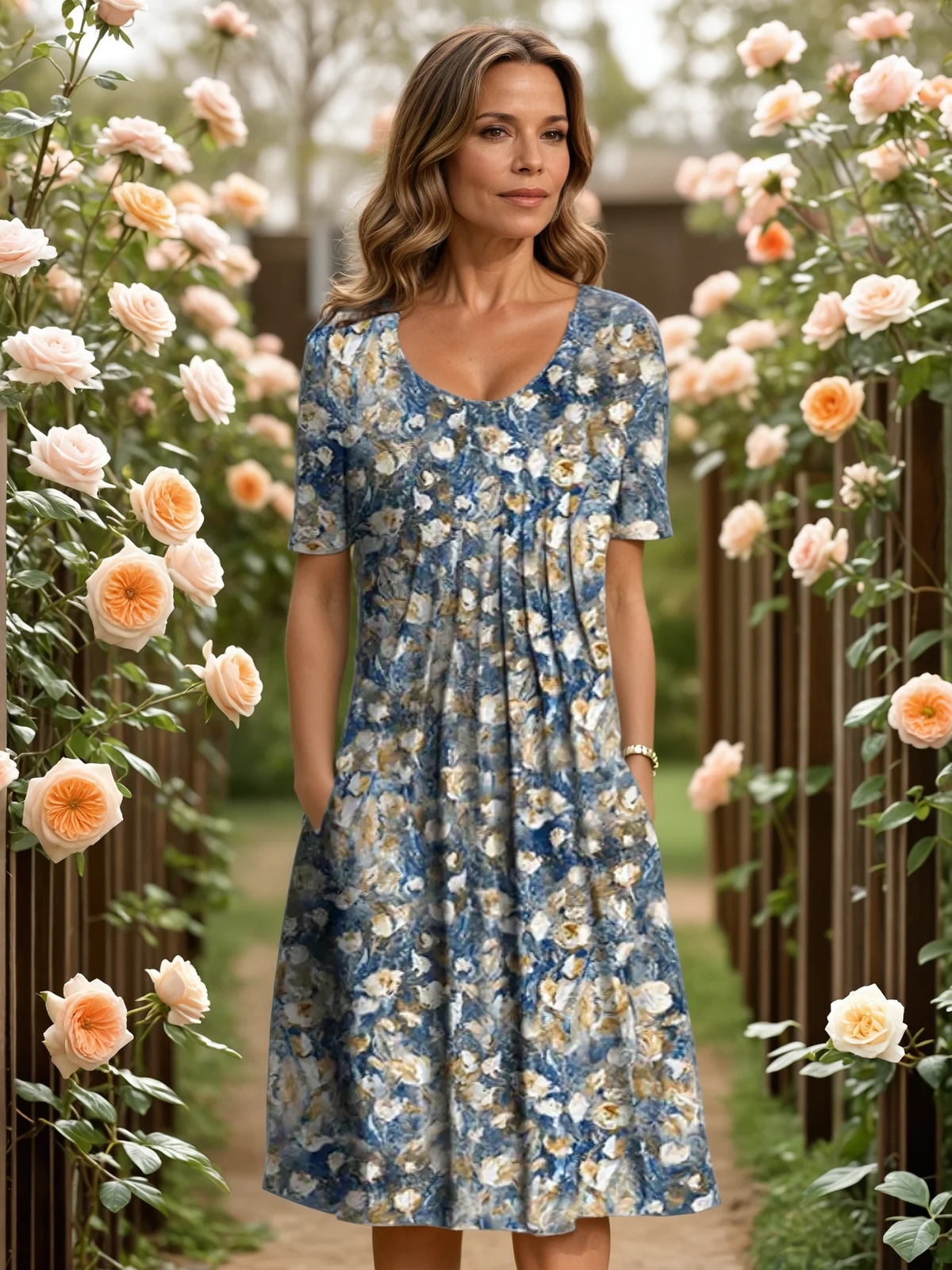 Vestido midi de corte en A con estampado floral y cuello en V para mujer