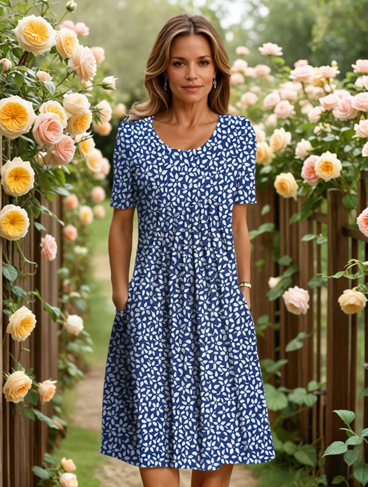 Vestido midi de corte en A con estampado floral y cuello en V para mujer