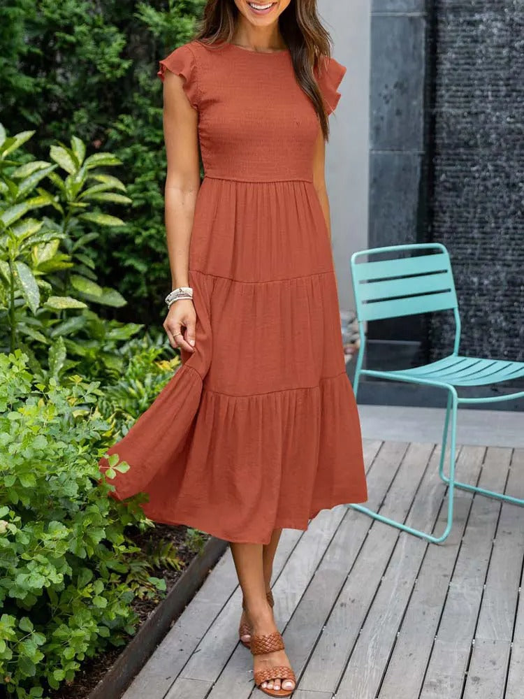 Vestido midi de corte evasé con cuerpo fruncido para mujer