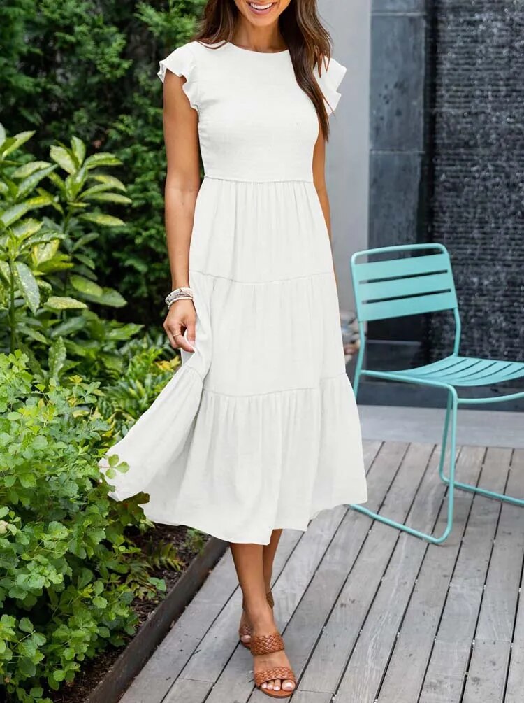 Vestido midi de corte evasé con cuerpo fruncido para mujer