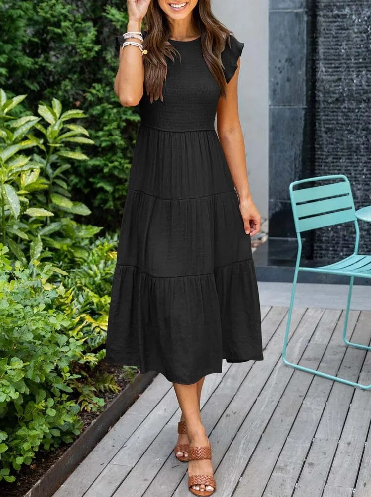 Vestido midi de corte evasé con cuerpo fruncido para mujer