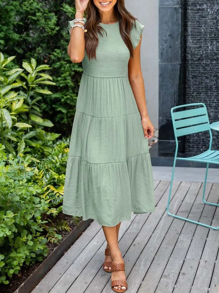 Vestido midi de corte evasé con cuerpo fruncido para mujer