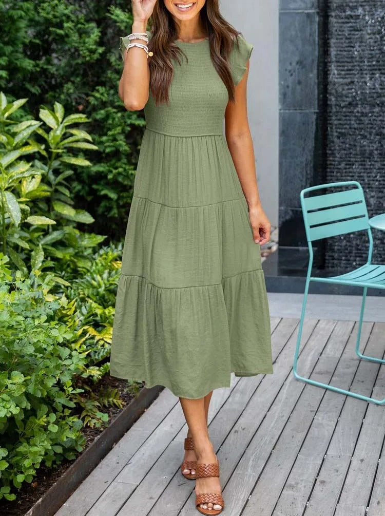 Vestido midi de corte evasé con cuerpo fruncido para mujer