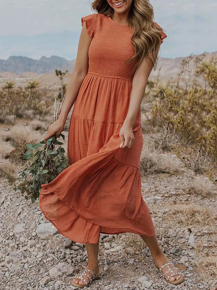 Vestido midi de corte evasé con cuerpo fruncido para mujer