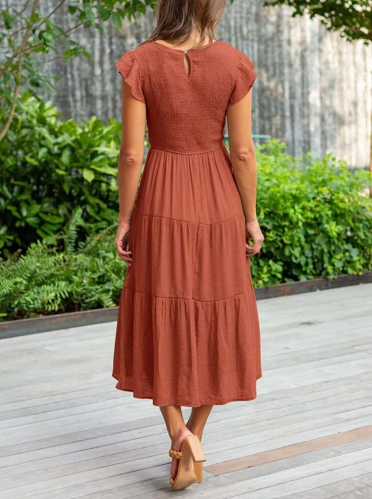 Vestido midi de corte evasé con cuerpo fruncido para mujer