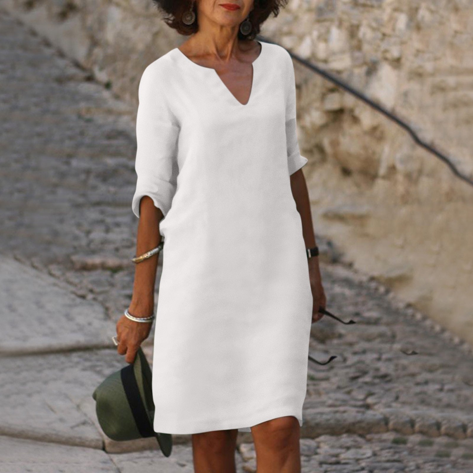 Vestido midi de corte recto para mujer con manga 3/4