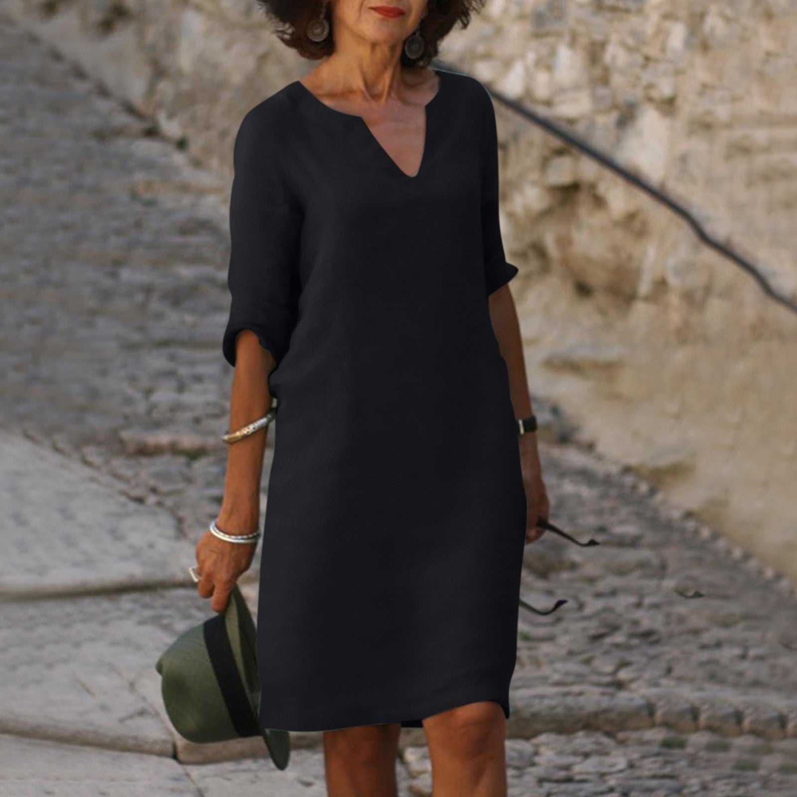 Vestido midi de corte recto para mujer con manga 3/4