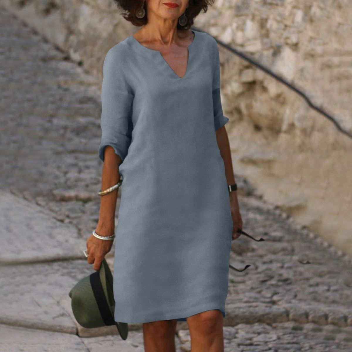 Vestido midi de corte recto para mujer con manga 3/4