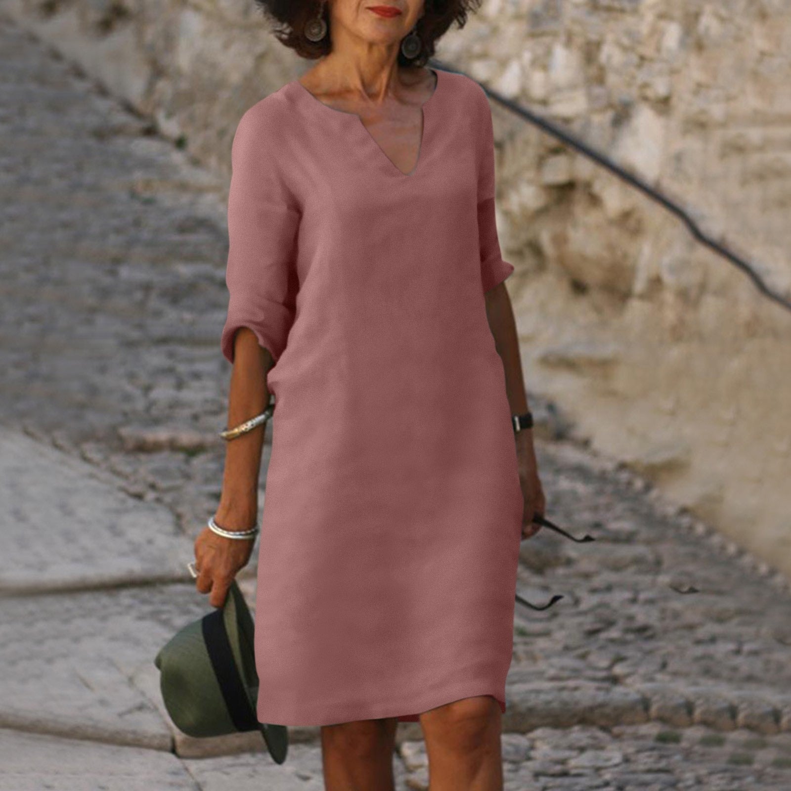 Vestido midi de corte recto para mujer con manga 3/4