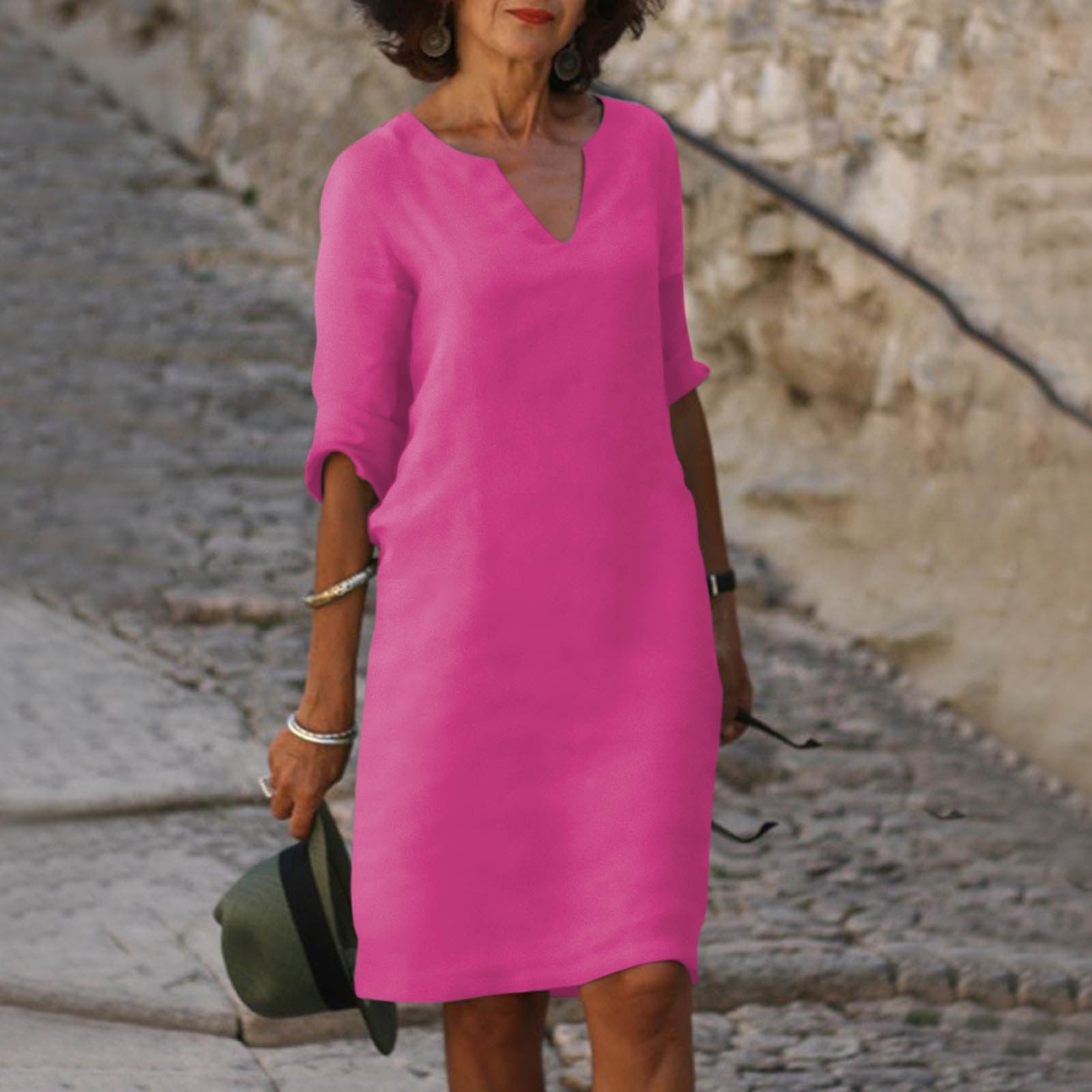 Vestido midi de corte recto para mujer con manga 3/4