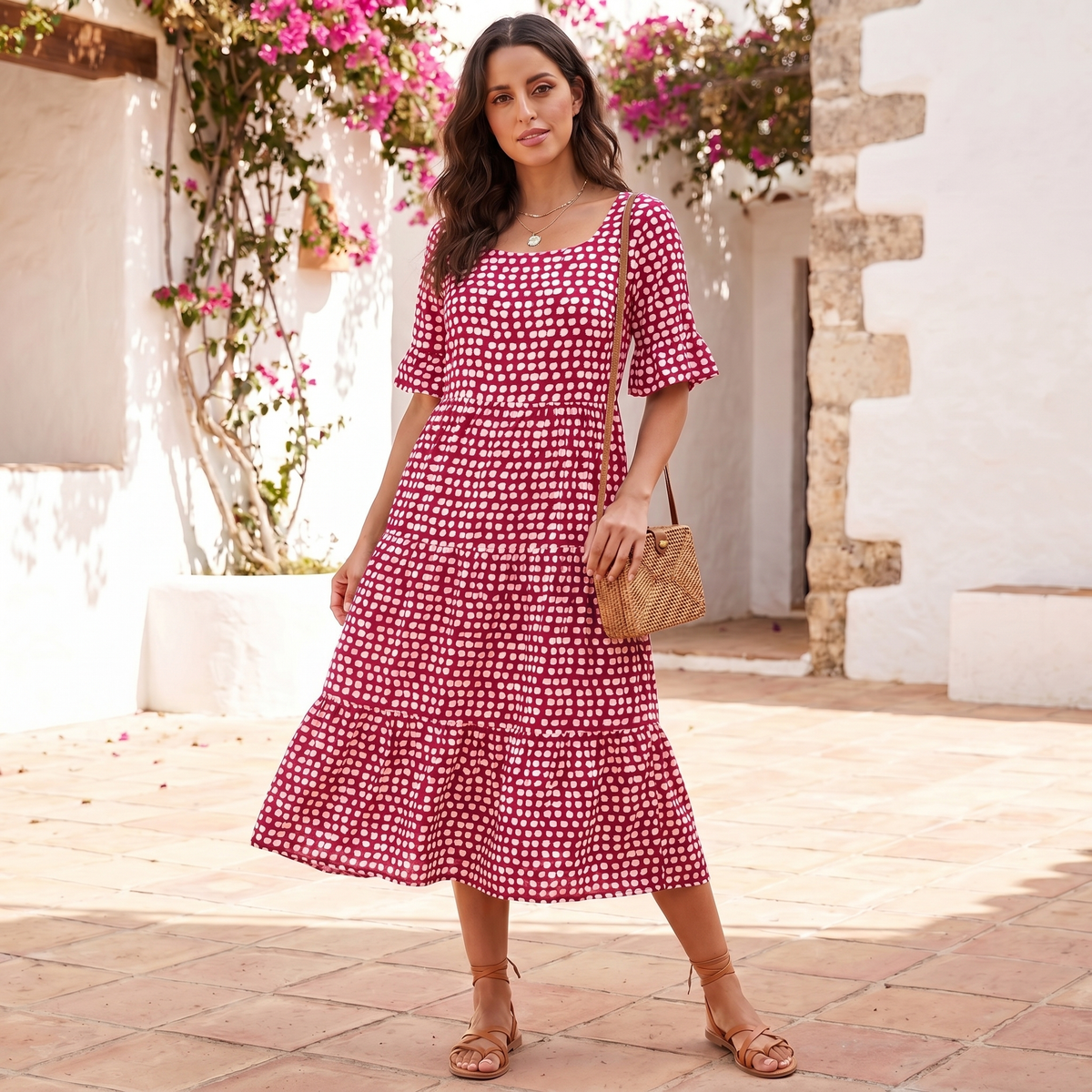 Vestido Midi de Mujer con Volantes | Vestido de Verano Ligero de Corte Holgado