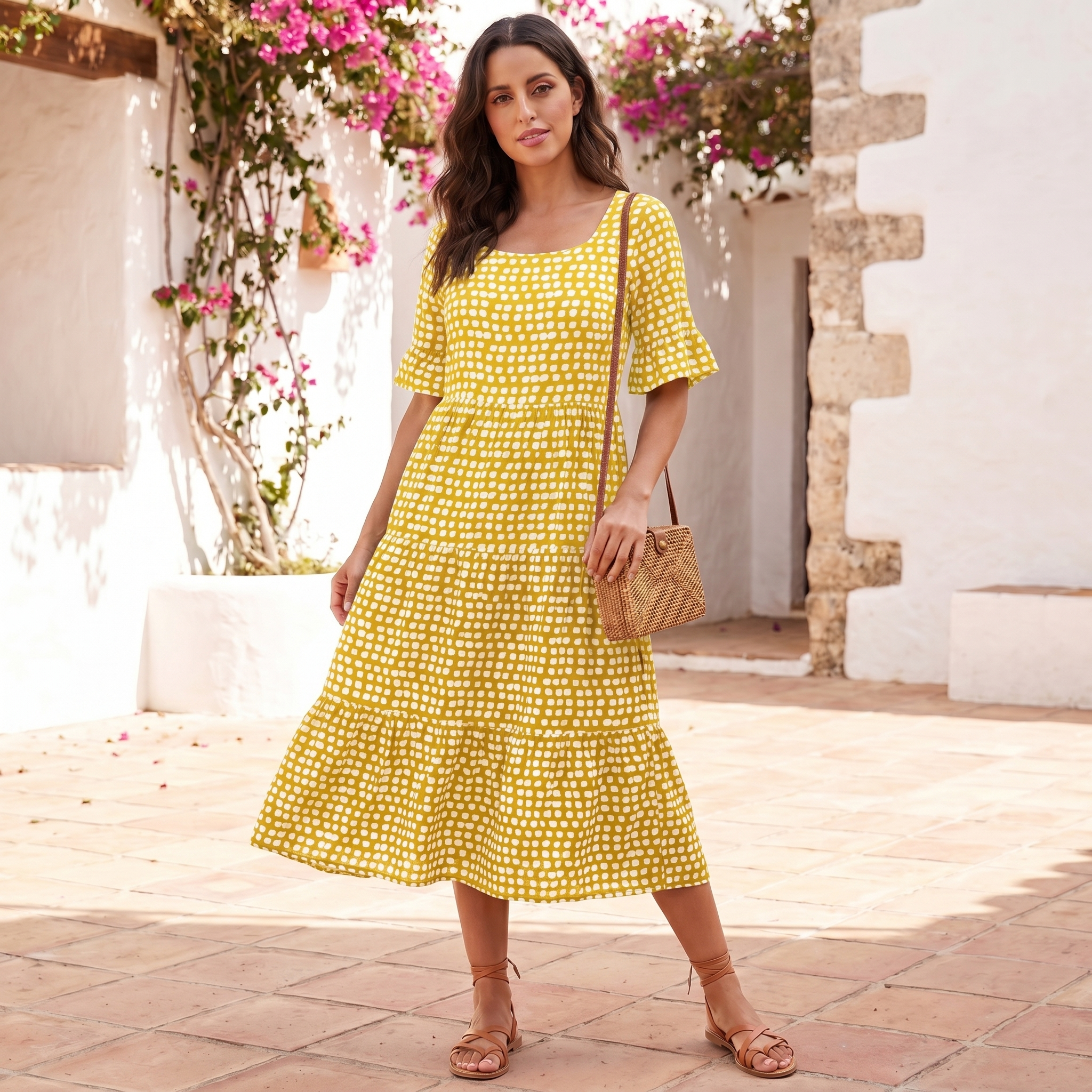 Vestido Midi de Mujer con Volantes | Vestido de Verano Ligero de Corte Holgado
