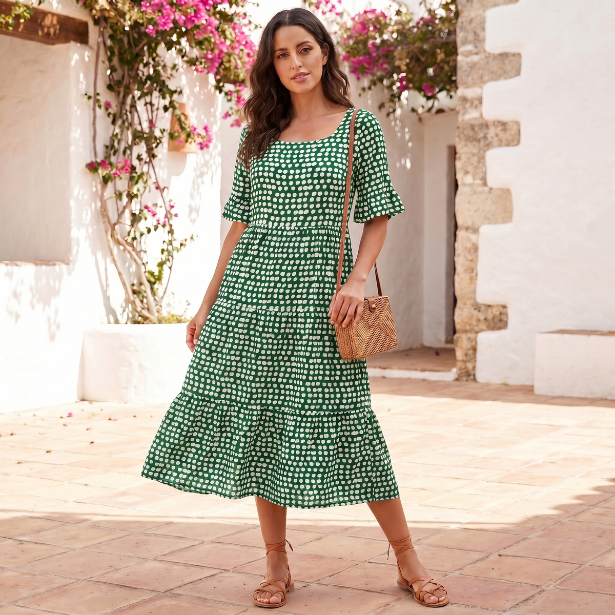 Vestido Midi de Mujer con Volantes | Vestido de Verano Ligero de Corte Holgado