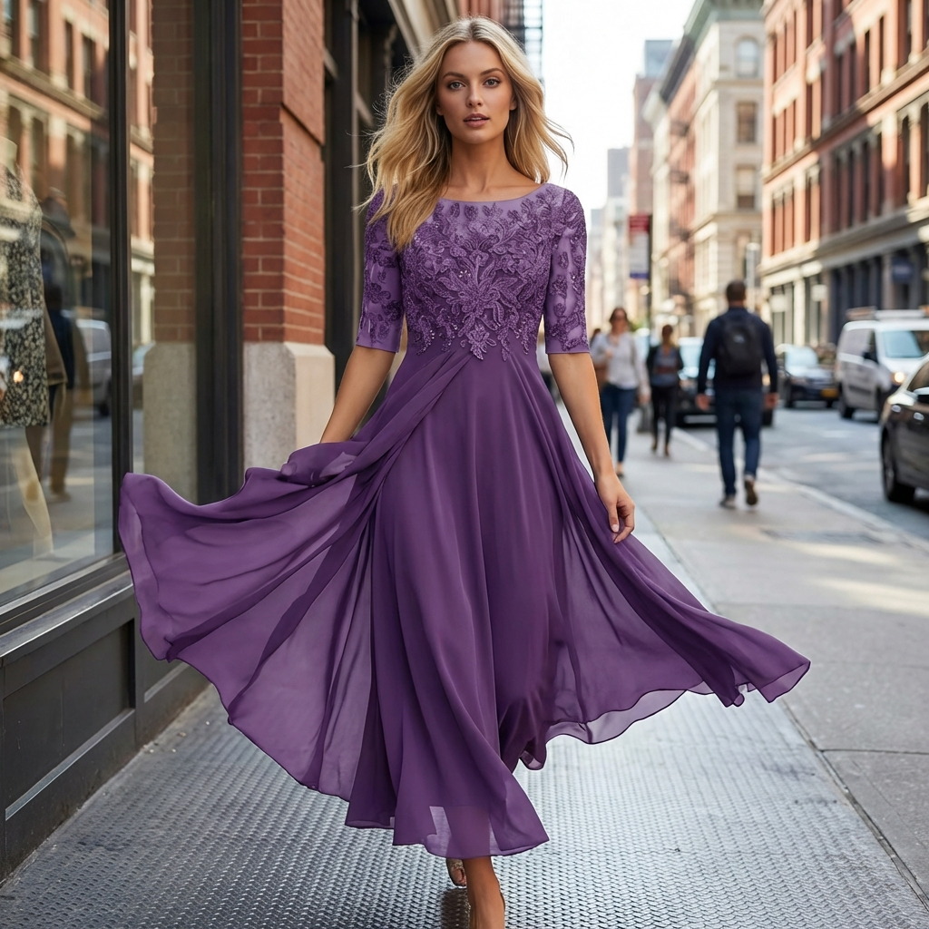 Vestido midi elegante con detalle de encaje y falda fluida para ocasiones especiales