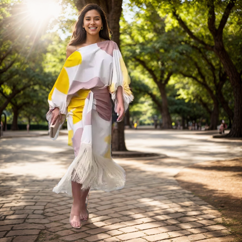 Vestido midi envolvente asimétrico con flecos